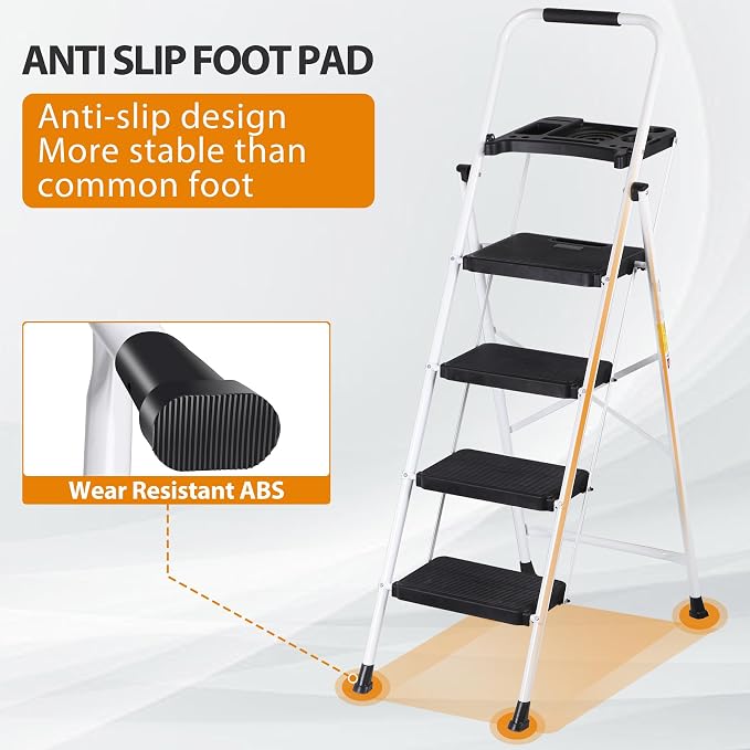 ZENY 4 Step Ladder, Folding Step Stool for Adults, Portable Steel Ladder with Tool Platform, Wide Anti-Slip Pedal, Safety Locking, Lightweight (White)