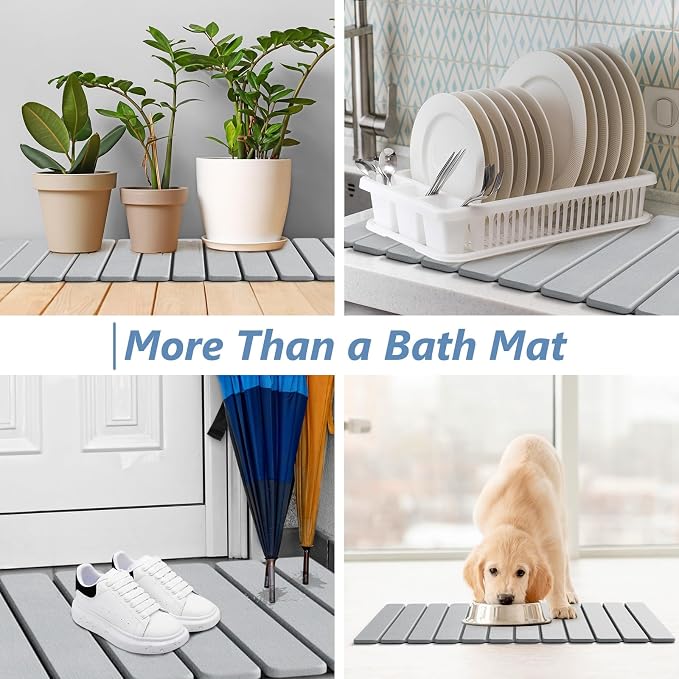 AWW Foldable Stone Bath Mat, Quick Dry Diatomaceous Earth Bath Mat with Non-Slip Mat, Super Absorbent, Easy to Clean, Compact for Small Bathrooms, 31.5 x 15.7, Light Grey