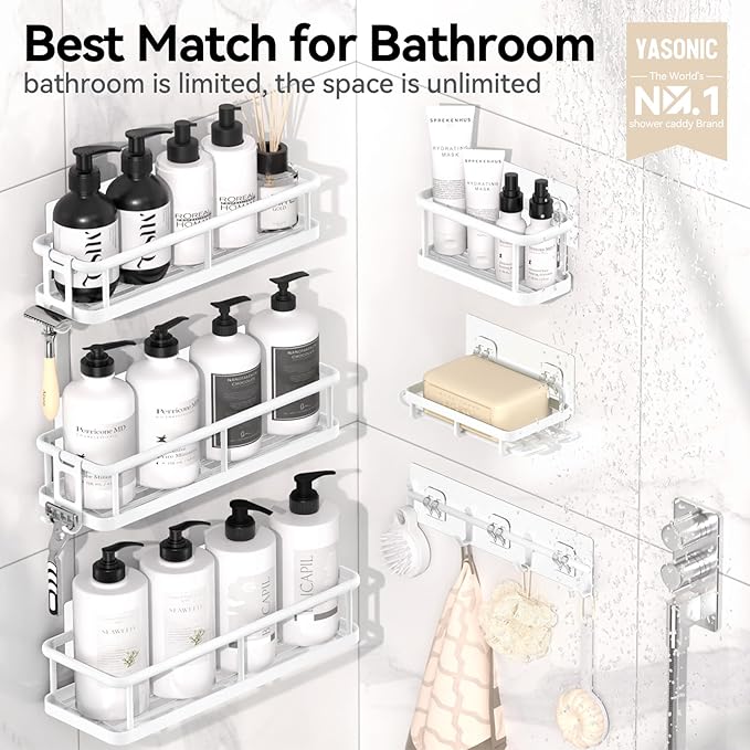 YASONIC Shower Caddy, Large Capacity Bath Organizer with Soap Holder and 12 Hooks, 6 Pack Rustproof Bathroom Shelves for Inside Shower, No Drilling&Sleek Bathroom Organizers and Storage White