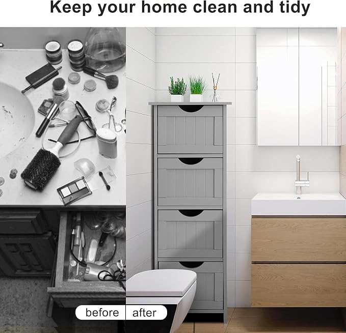 Bonnlo Skinny Bathroom Floor Storage Cabinet, 12 Inch Wide Deep Small Storage Organizer with 4 Drawers, Wooden Modern Grey Thin Free Standing Tower Cabinet w/ 4 Cute Drawers for Bathroom, Living Room