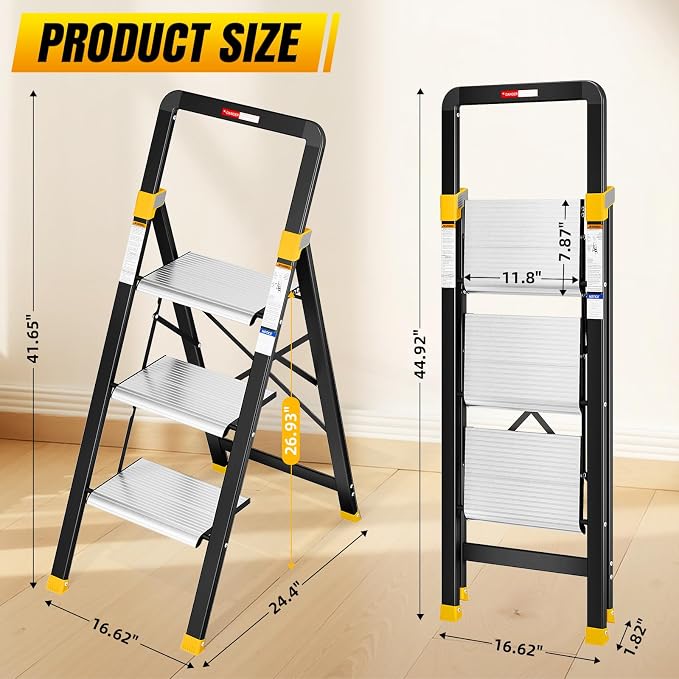 KINGRACK 3 Step Ladder, Aluminium Folding Step Stool with Anti-Slip Wide Pedals & Comfortable Handrail, 330lbs Load Capacity, Space Saving Design for Home & Kitchen, Sturdy and Portable, Silver