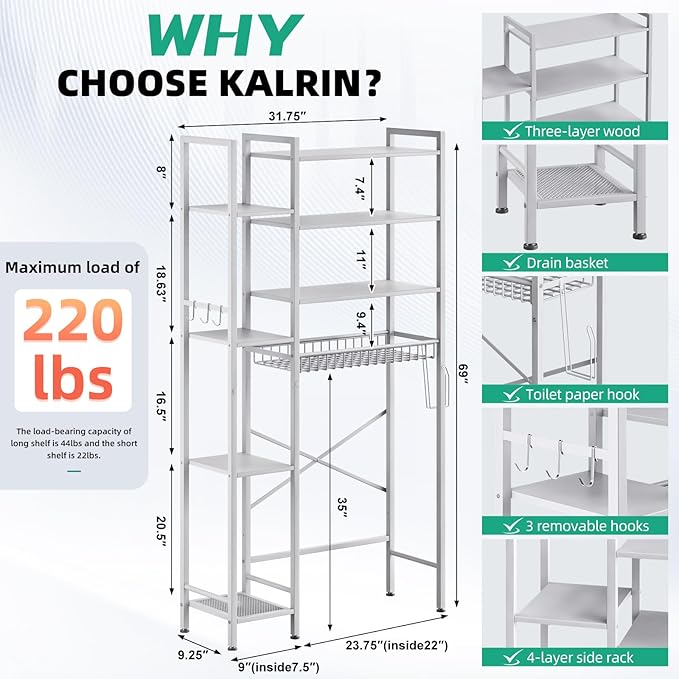 Kalrin 8-Tier Over The Toilet Storage with Side Rack, Over Toilet Storage Rack with Adjustable Shelf & Drain Basket, Freestanding Bathroom Organizer for Balcony, Laundry (Pure White)