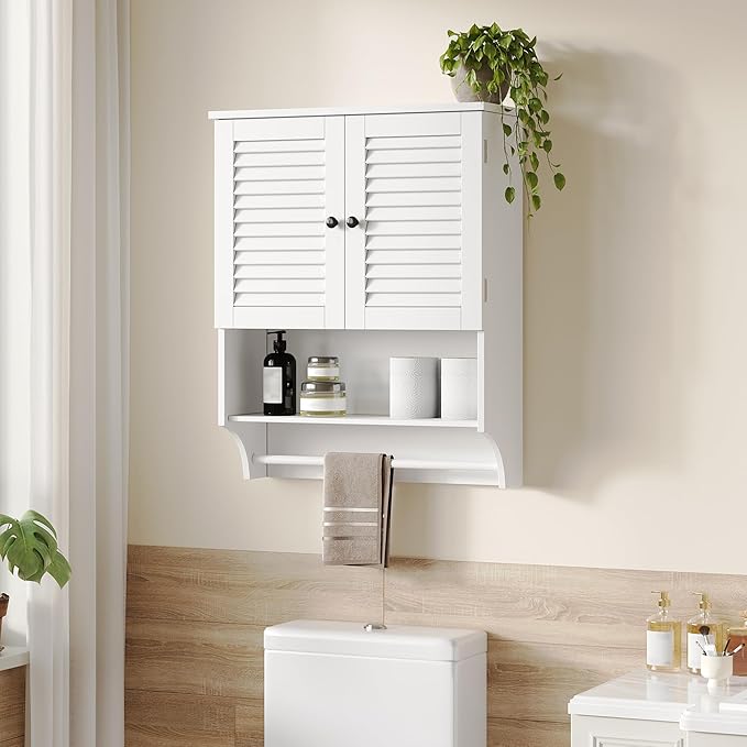 ChooChoo Medicine Cabinet with Towels Bar, 23.6" L x 8.8" W x 29.5" H MDF Material Bathroom Wall Cabinet, 2 Doors Over The Toilet Space Saver Storage Cabinet with Large Space, White