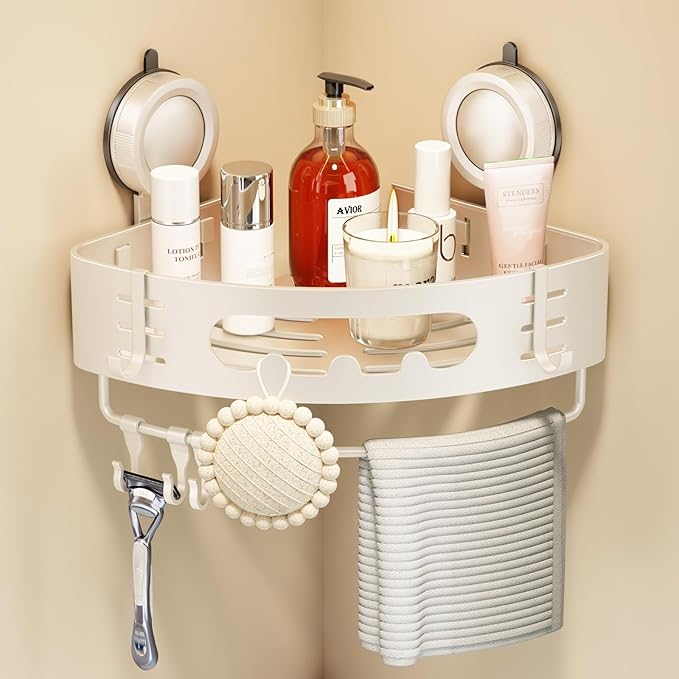 Voldra Corner Shower Caddy Suction Cup, Aluminum Corner Shower Shelves for Wall No Drilling, Large Suction Cup Shower Organizer with Towel Bar & Hooks Removable Bathroom Storage (1 Pack-Cream White)
