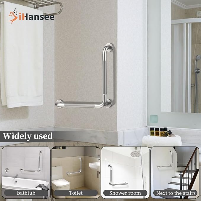 Angled Grab Bar 16x16 Inch Stainless Steel Knurled Toilet Handles Wall Mounted Bathroom Handicap Safety Rails for Elderly Injured Balance Support, L-Shaped Brushed Nickel Grab Bar for Shower