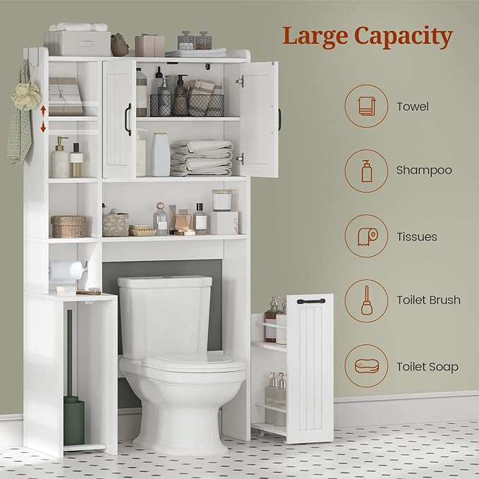 UPOSOJA Over The Toilet Storage Cabinet with Pulley Small Bathroom Storage Cabinet, Space Saver W/Adjustable Shelf & Open Shelf for Bathroom, Restroom, Laundry (White-Type A)
