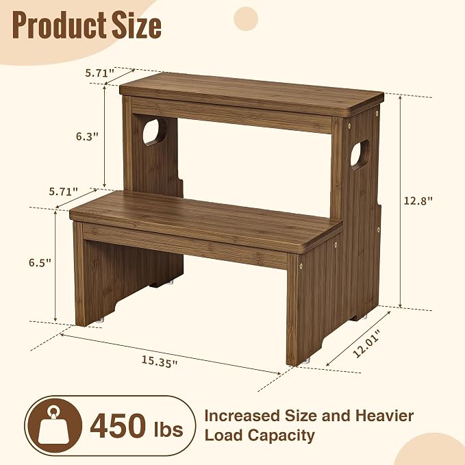Two Step Stool for Adults and Kids, 450lbs Heavy Duty Step Stool, Bamboo Step Stool for High Beds, Portable Helper Step Stairs for Kids, for Kitchen, Bathroom, RV, Bedside Step Stool, Walnut