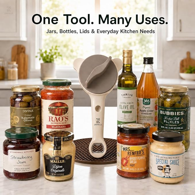 Jar Opener for Seniors with Arthritis, Easy Grip Adjustable Lid & Bottle Opener Set with Non-Slip Silicone Pad & Stainless Steel Hook, Beige