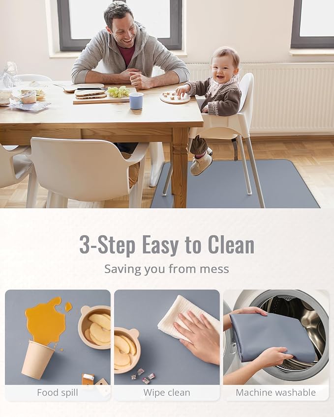 Blissful Diary Baby Splat Mat for Under High Chair, 50.4 x 50.4 Inch Wipeable Splash Mat, Waterproof and Washable, Anti-Slip Floor Protector, Gray