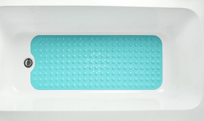 Extra-Long Non-Slip Bathtub & Shower Mat 39”x16” (Smooth/Non-Textured Tubs Only) Safe, Clean, Machine-Washable, Superior Grip&Drainage, Vinyl, Opaque Turquoise/Green-Blue