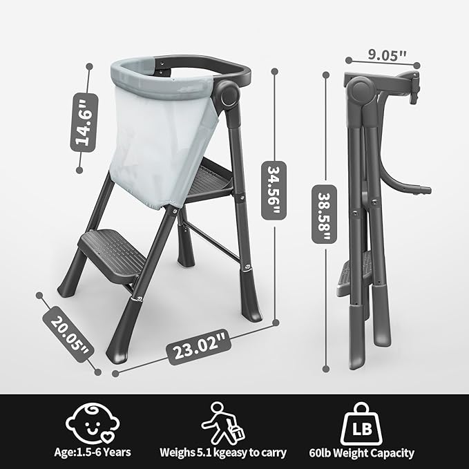 Toddler Step Stool Foldable, Kids Step Stools for Kitchen Counter, Foster Independence Learning Stool with Safety Guards&Net, Toddler Sturdy Standing Tower Kitchen Helper,Black