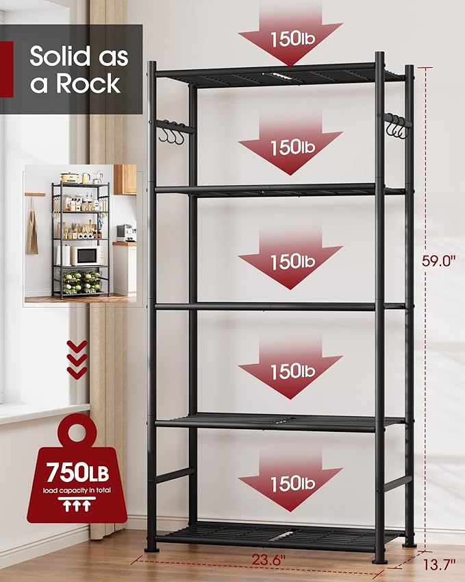 Sakugi Storage Shelves - 5-Tier Large Capacity Shelf Organizer with Hooks, Heavy-Duty Garage Shelving with Leveling Feet, Wobble-Free Rack for Bedroom, Balcony, Garage, 23.6"×13.7"×59", White