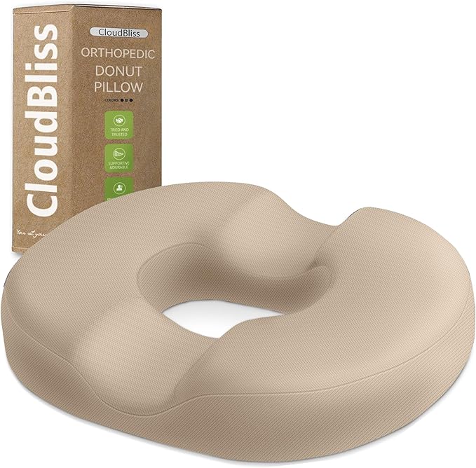 CloudBliss Donut Pillow Stadium Seat Cushion for Tailbone Pain Relief and Hemorrhoids, Memory Foam Seat Chair Cushion, Portable Seat Cushions for Bleachers, Car, Home & Office