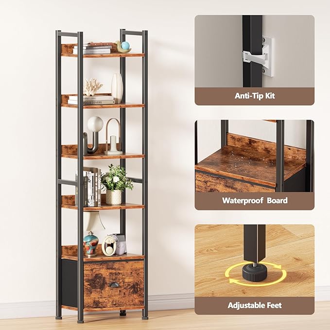 Furologee Book Shelf Set of 2, 6 Tier Tall Shelf with Drawer, Bookshelves and Bookcases Set of 2, Industrial Display Shelving Unit for Bedroom, Living Room, Home Office, Rustic Brown