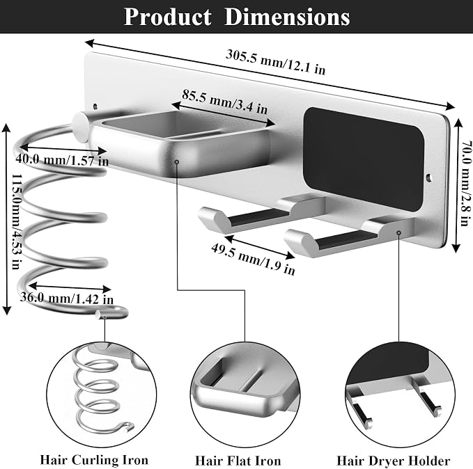 Tindbea Hair Dryer Holder Wall Mount Aluminum Alloy Hot Tools Organizer | Heavy Duty, Silver