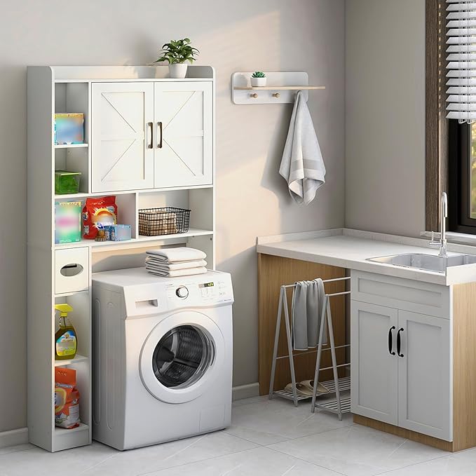 Vabches Over The Toilet Storage Cabinet, Farmhouse Storage Cabinet Over Toilet with 2 Barn Door & Toilet Paper Holder Stand，Home Space-Saving Toilet Rack, for Bathroom, Restroom, Laundry