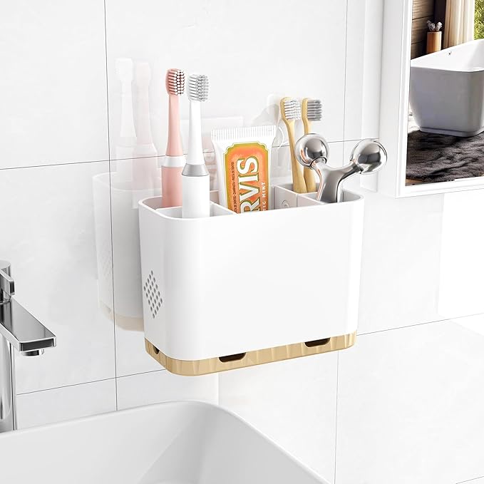 Toothbrush and Toothpaste Holders for Bathrooms Countertop - Detachable 5 Slots Kids Electric Toothbrush Holders Set Wall Mounted with Removable Dividers for Bathroom Decor and Accessories Organizer