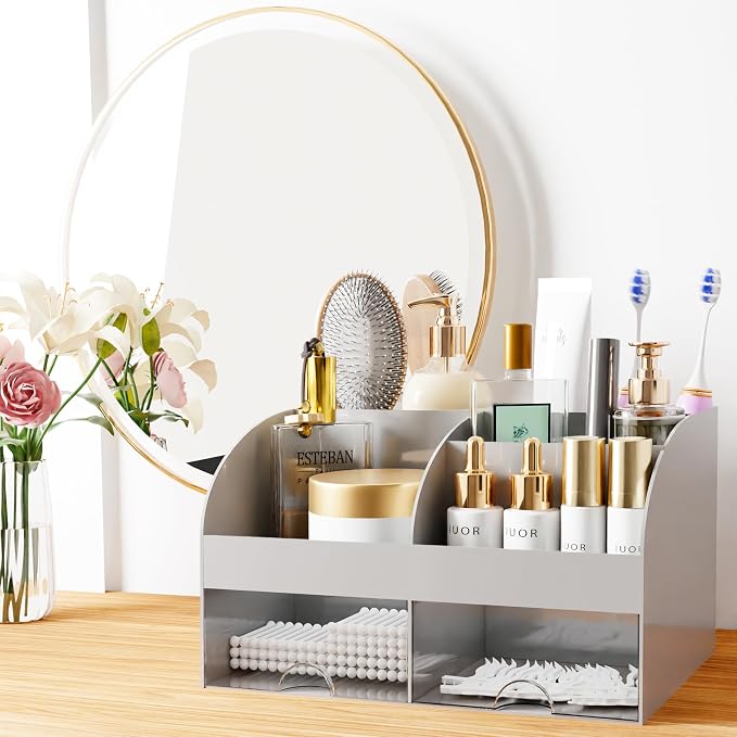 Makeup Organizer with Drawers, Cosmetic Storage for Dresser Vanity and Bathroom Countertop, Beauty Holder for Lipstick Brush, Skincare Organizer for Vanity, Cosmetic Display Case (Grey)