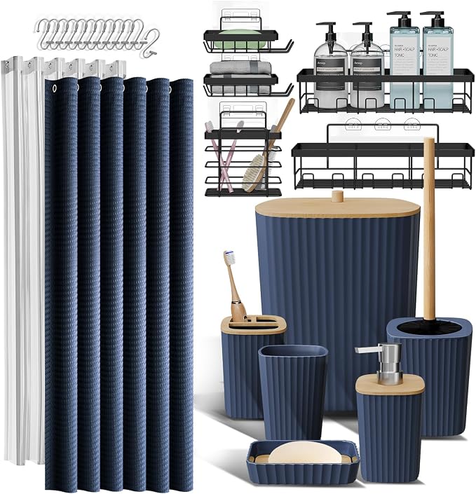 Clara Clark Bathroom Accessories Set - Bathroom Set with Adhesive Corner Shower Caddy Hanging, 25PC Bathroom Accessory Set, Navy Blue Shower Curtain Set, Toilet Brush, Trash Can & Soap Dispenser