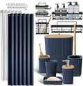 Clara Clark Bathroom Accessories Set - Bathroom Set with Adhesive Corner Shower Caddy Hanging, 25PC Bathroom Accessory Set, Navy Blue Shower Curtain Set, Toilet Brush, Trash Can & Soap Dispenser