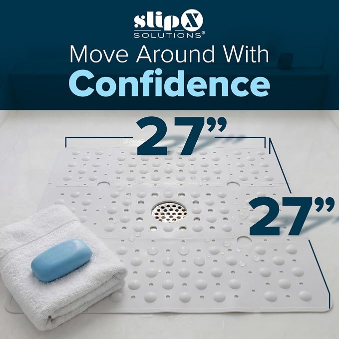SlipX Solutions 27" Oversize Square Shower Mat, Non-Slip Mat for Elderly & Kids, 100+ Power Grip Suction Cups for Smooth Surfaces, Machine Washable, White