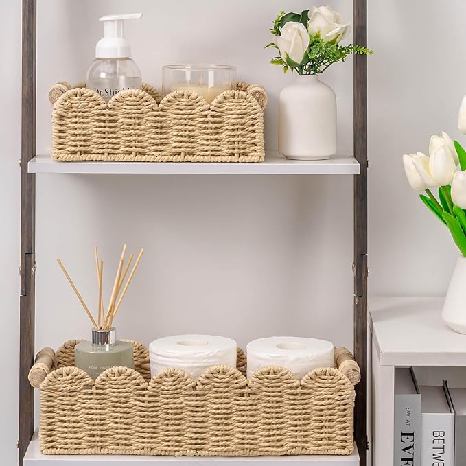 CubesLand Toilet Paper Storage Organizer Basket, Scalloped Decorative Baskets for Over Toilet Shelves, Wicker Small Basket Perfect for Home Countertop Storage & Decor, Living Room Shelf Decor, Beige