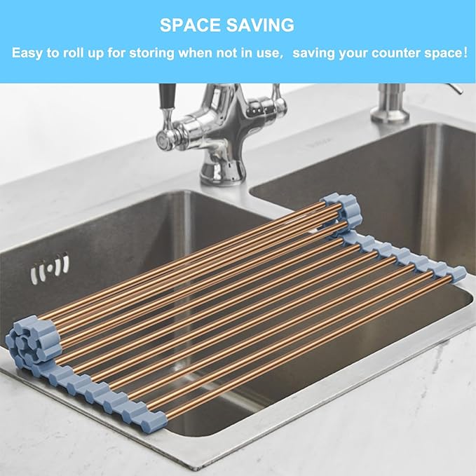 Seropy Roll Up Dish Drying Rack Over The Sink Drying Rack for Kitchen Counter, Rolling Dish Rack Over Sink Mat, Foldable Dish Drainer Stainless Steel Rack Kitchen Organization Gold 17.5"x11.8"