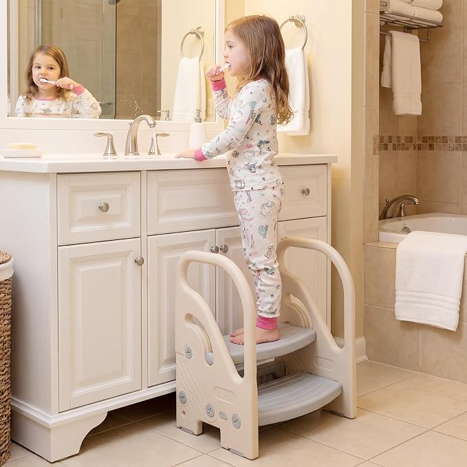 Costzon Toddler Step Stool for Bathroom Sink, Adjustable 2-Step Kids Helper Stool with Safety Handles & Non-Slip Pads, Convertible Plastic Ladder for Bedroom Kitchen Counter Potty Training, Grey