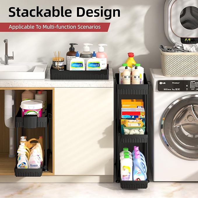 Sevenblue 4 Pack Under Sink Organizer, Bathroom Organizers and Storage, 2 Tier Multi-Use Pull Out Cabinet Organizer with Hang Hooks and Cups (Black, 4 Pack)