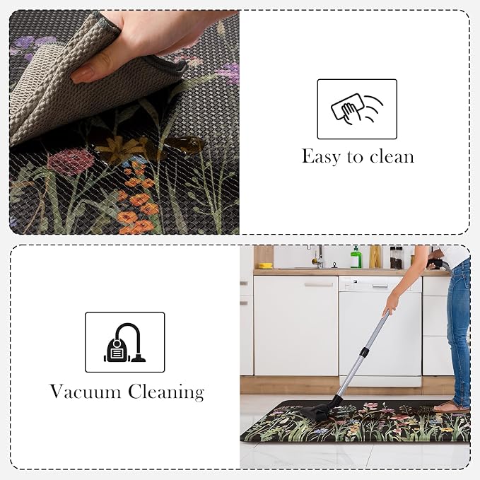 KIMODE Kitchen Mats Cushioned Anti Fatigue, Black Farmhouse Kitchen Rugs Sets of 2, Padded Kitchen Floor Mats, Non Slip Standing Mat for Sink, Laundry, Office, Desk 17"x59"+17"x29"