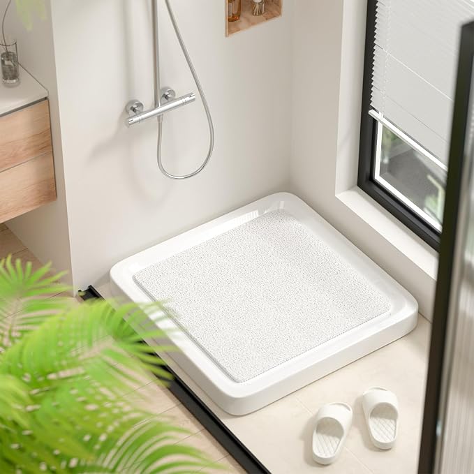 HITSLAM Square Shower Stall Mat, 21 x 21 Inch Non Slip Bath Mat for Tub, Soft PVC Loofah Bathtub Mats, Quick Drying Bathroom Shower Mat Anti Slip, Soft on Feet, White