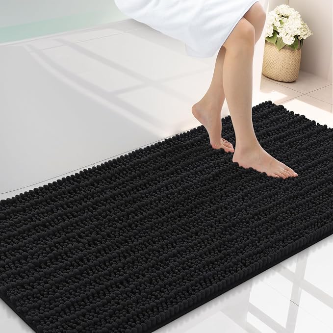 Smiry Bathroom Rugs Mat 47x24, Extra Soft Absorbent Chenille Bath Rugs, Non Slip Rubber Backing Machine Washable Quick Dry Bath Mats for Bathroom Floor, Tub, Shower, Home Decor Accessories, Black