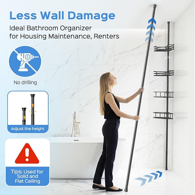 HAMITOR Corner Shower Caddy Tension Pole: 4-Tier Large Capacity Bathroom Organizer Shelf with Towel Bar - Rustproof No-Drill Adjustable 47-123 inch Storage for Renters, Home Bathtub Stand Rack, Black