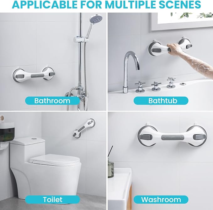 TAILI Suction Shower Grab Bar 2 Pack, Grab Bars for Bathtubs Showers for Seniors Elderly Handicap, Bathroom Safety Shower Handles Support Grip, Heavy Duty Suction Cup, No Drilling Removable, Grey,G9