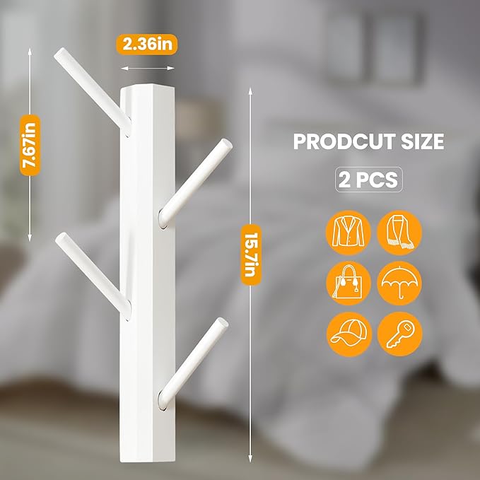 TIOPGHAD 2 Pack Small Vertical Coat Rack Wall Mount, Bamboo Coats Hooks Clothes Holder Hanger for Wall Coat Hat Jacket Clothing Bathroom Robes Entryway(White)