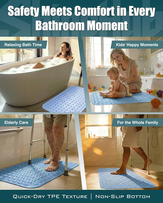 Non Slip TPE Bath Mat, Heavy Non Floating Shower Mat, 28x16, Blue | Strong grip, 166 suctions, 144 drains, 7mm extra-thick cushioned layer, washable, for bathroom shower tub floor