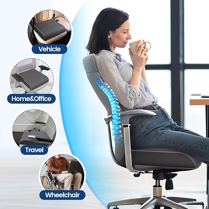 SweetSlubr Seat Cushion for Tailbone Pain Relief, Office Chair Cushion, Memory Foam Large Chair Cushion with Non-Slip Cover for Soft Support at Office Chair, Car Seat, Airplane Grey/2X-Large