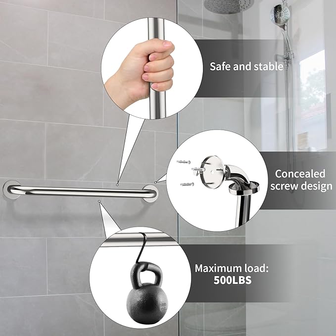 2 Pack 24 Inch Shower Grab Bar, ZUEXT Chrome Stainless Steel Bathroom Grab Bar Handle, Bathroom Shower Balance Bar, Safety Hand Rail Support, Handicap Elderly Senior Assist Bath Handle(1.25" Diameter)