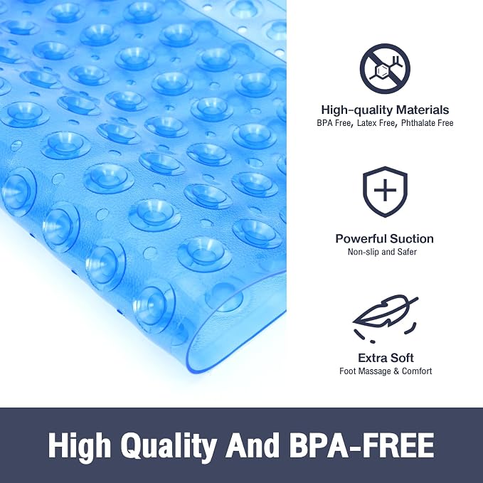 Square Shower Bathtub Mat Non Slip for Inside Shower Clear Blue 21x21 Inch, Shower Stall Mats for Bathroom Floor, Soft Bath Mat for Tub with Big Suction Cups Drain Holes, Easy Washable Dry