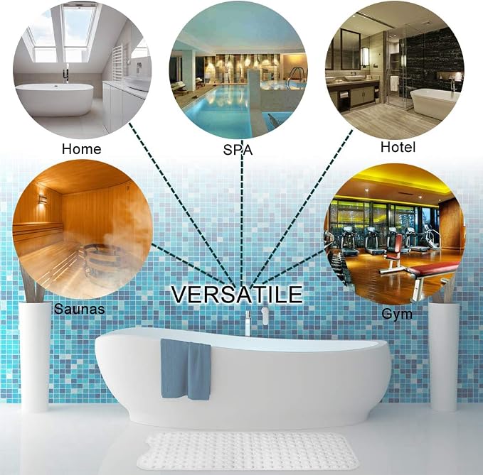 Bathtub and Shower Mats, Extra Long Non-Slip Bath Tub Mat 39 x 16 Inch, Machine Washable Bathmat with Suction Cups & Drain Holes for Bathroom Floor, White