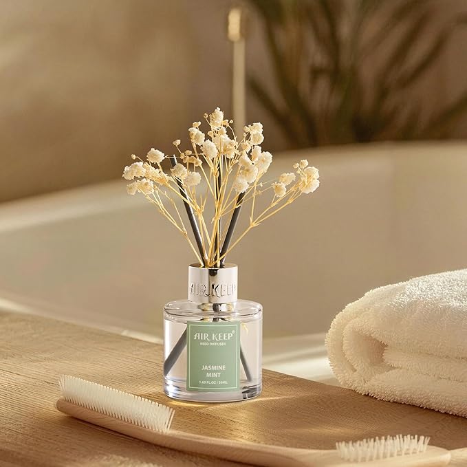Airkeep Reed Diffuser Set,1.69 fl oz (50 ml) - Jasmine Mint Oil Diffusers with 8 Reed Sticks,Home Fragrance Reed Diffuser for Bathroom Shelf Decor