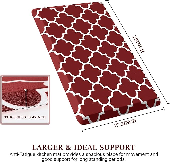 WISELIFE Cushioned Anti-Fatigue Mats,17.3"x 28",Non Slip Waterproof Heavy Duty PVC Ergonomic Comfort Rug for Kitchen, Floor Home, Office, Sink, Laundry,Red