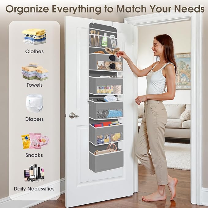 SpaceHacks 6-Tier Over The Door Organizer, Hanging Storage Organizer with Clear Window, 40lb Ultra Sturdy Large Capacity Room Organizer for Pantry Bathroom Nursery Closet Baby Essential (Grey)