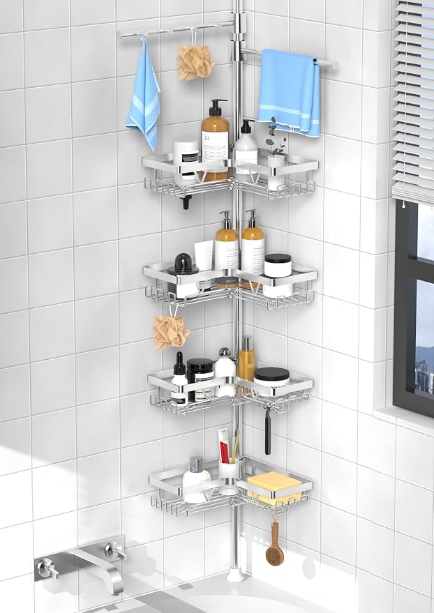 KEGII Shower Caddy Tension Pole with 2 Towel Bars, Adjustable Corner Bathroom Organizer, Rustproof Bathtub Storage Shelves for Shampoo, 25–114.2 Inch Shower Rack for Renters & Family, Silver