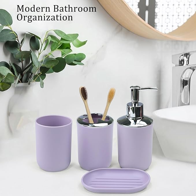 CERBIOR Bathroom Accessories Set 6 Piece Bath Ensemble Includes Soap Dispenser, Toothbrush Holder, Toothbrush Cup, Soap Dish for Decorative Countertop and Housewarming Gift (Purple)