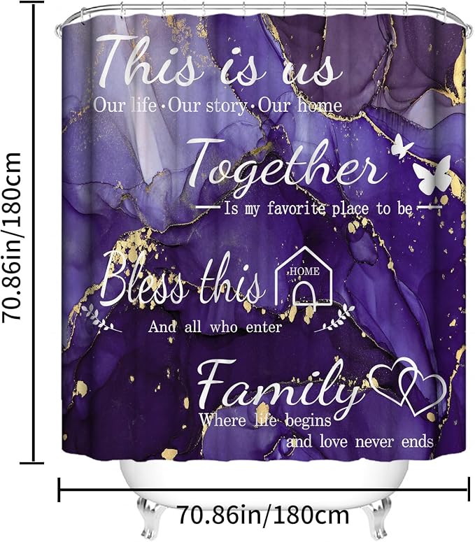 4Pcs Family Marble Shower Curtain Set,Purple Home Inspirational Bathroom Sets with Shower Curtain and Rugs, Bathroom Decor Set,Waterproof Bathroom Curtains Shower Set,with 12 Pcs Hooks