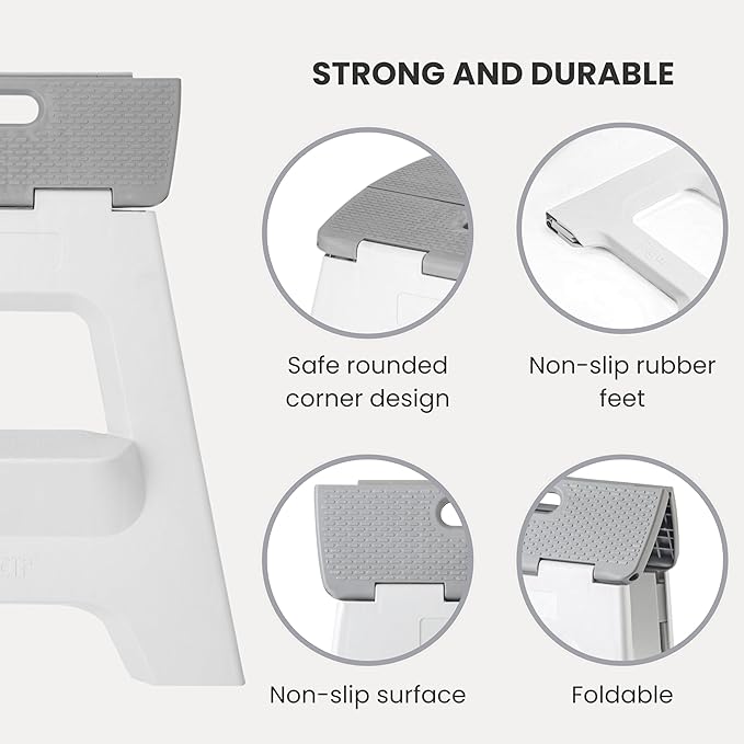 Vigar Compact Folding Step Stool - 16 Inch 2 Step Foldable Step Stool for Adults, Lightweight Portable Stool with Handle, Non Slip Step Stool, Space-Saving Stool up to 330 lb - Gray