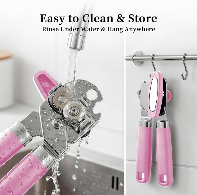 Can Opener Manual, Hand Heavy Duty Stainless Steel Bottle Opener Comfortable Handle, Sharp Blade Smooth Edge, Multifunctional Kitchen Tool, Pink
