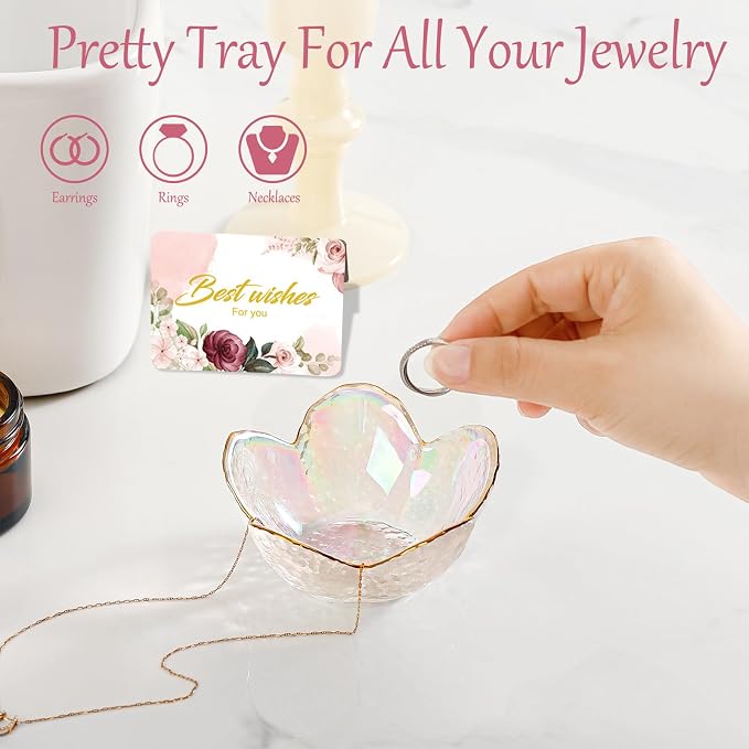 White Flower Jewelry Dish Glass Ring Dish Jewelry Tray Cute Vanity Organizer Room Decor Aesthetic Nightstand Bathroom Decor Trinket Dish Ring Holder Jewellery Tray Valentine's Birthday Gifts for Women