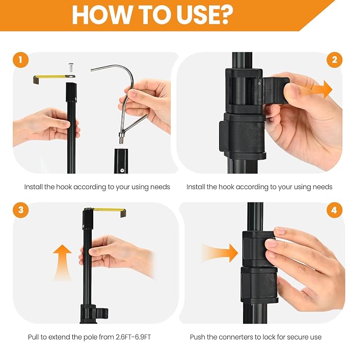 Magnetically Mounted 6.9 Ft Truck Cargo Grabber Reach Retriever Tool Upgraded Extendable Pickup Truck Bed Accessories, Multi-Use Telescoping Truck Bed Reach Tool with Two Hooks